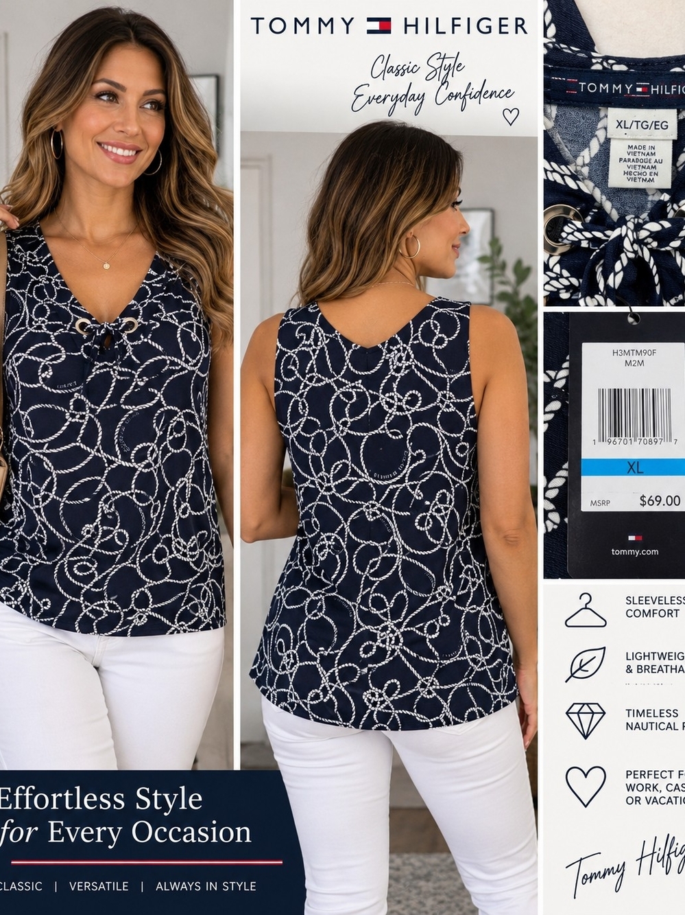 Tommy Hilfiger Navy & White Rope-Print Sleeveless V-Neck Tank
